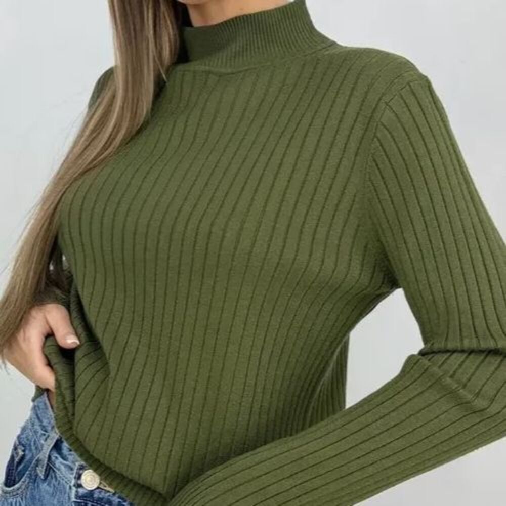 Womens L Green Ribbed Mock Neck Cashmere Blend Sweater Cozy Casual Pullover Soft